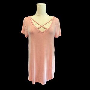 Pink T-Shirt w/ Hi-Lo Hem & Criss-Cross Neckline